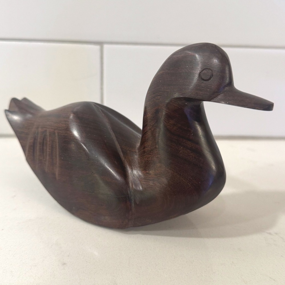 Vintage Hand Carved Dark Wood Duck Decoy Figurine Minimalist Sculpture 6.5 Inch